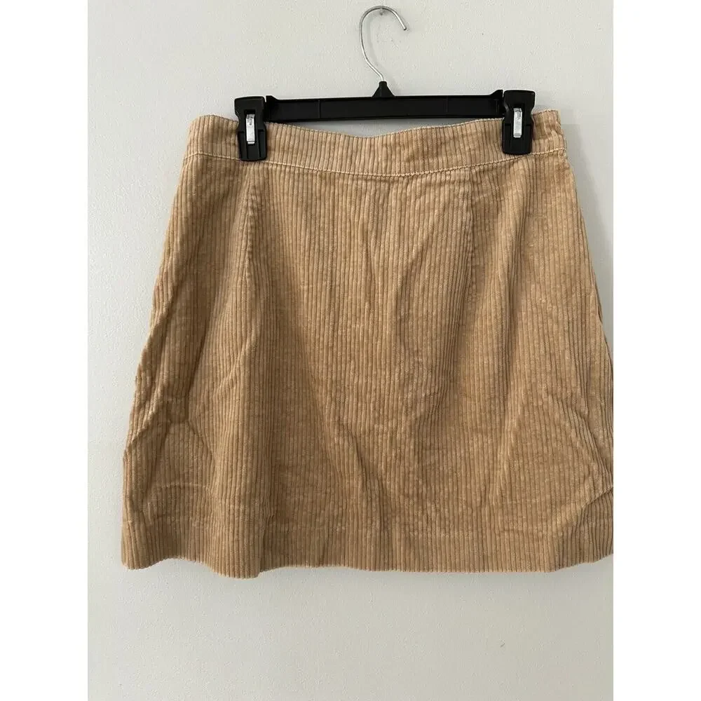 H&M Brown Corduroy A-Line Mini Skirt With Pockets Sz 12 Stretch High Waist
